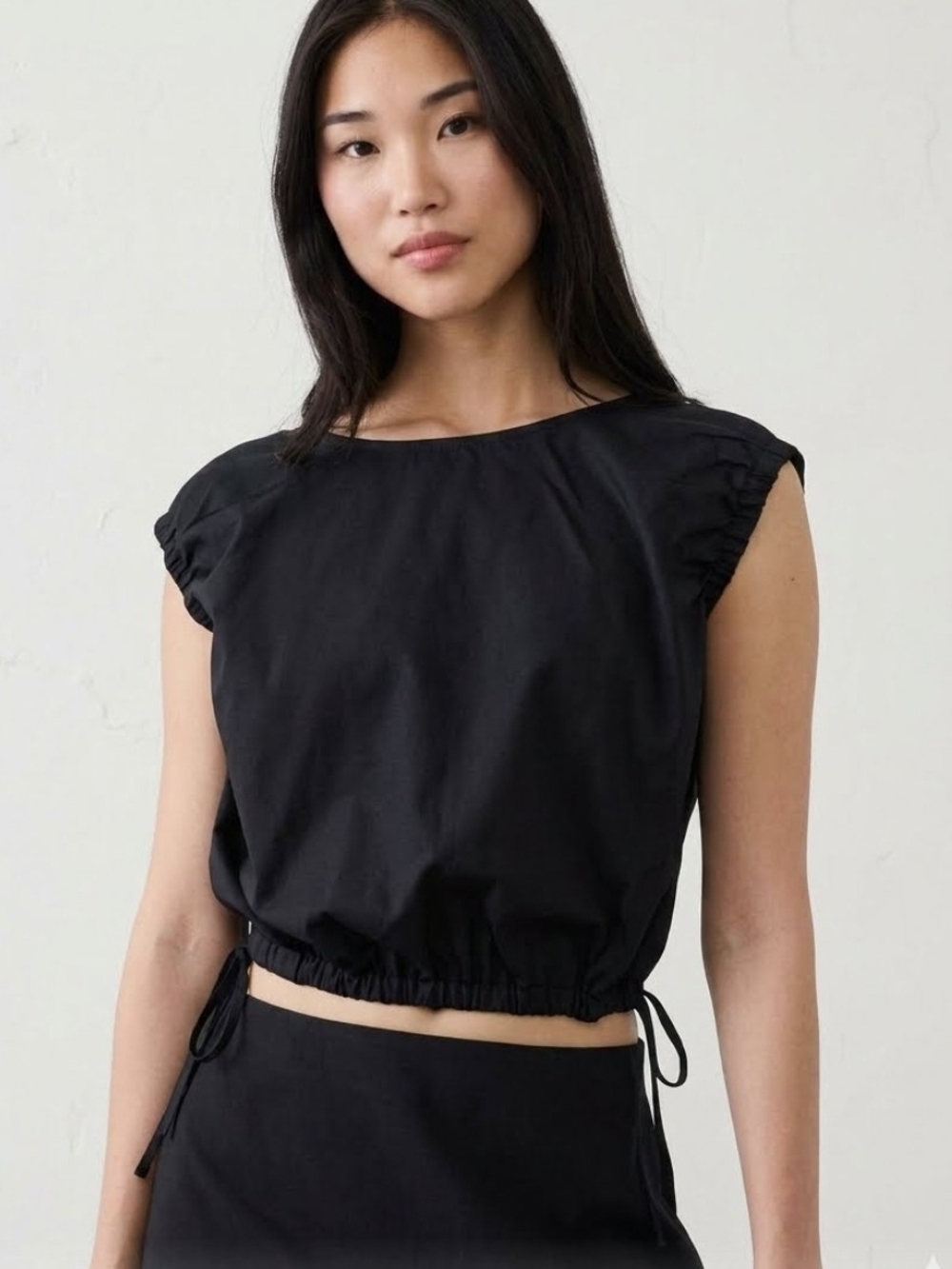 Banana Republic Black Cap Sleeve Drawstring Hem Side Tie Crop Top
